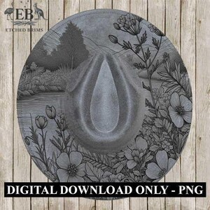 May include: A gray cowboy hat with a detailed floral and landscape design. The hat features a central teardrop-shaped crown and a wide brim, adorned with botanical illustrations. The text "DIGITAL DOWNLOAD ONLY - PNG" is at the bottom.