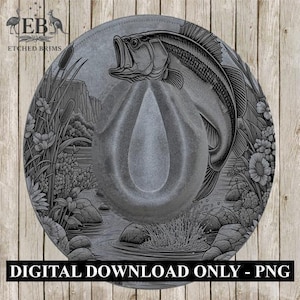 May include: Gray cowboy hat featuring a detailed illustration of a largemouth bass leaping out of water, surrounded by aquatic plants and rocks. The hat has a unique teardrop-shaped crown. Text on the hat reads "DIGITAL DOWNLOAD ONLY - PNG".