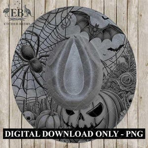Puede incluir: Sombrero fedora gris con un diseño temático de Halloween. El sombrero presenta una araña, telaraña, murciélagos y una calabaza tallada. El texto "DIGITAL DOWNLOAD ONLY - PNG" está impreso en la parte inferior. Fondo de madera.