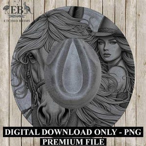 Cowgirl Horse 5, Design de chapéu a laser, Download digital PNG, Modelo de chapéu a laser, Design de gravação a laser para chapéu, Arquivo para chapéu de aba larga EB227
