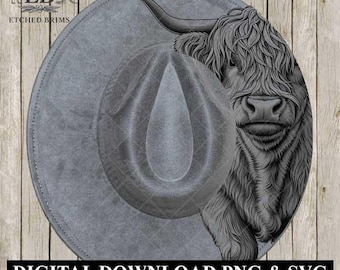 Design för halv hatt med höglandskon, hattgravyrmall, laserhattdesign, hatt med bred brätte, stencil för hattbränning SVG och PNG, EB584