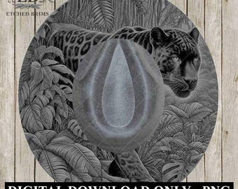 May include: A grayscale digital download featuring a jaguar in a jungle setting, with a fedora hat overlay. The hat is centered, with a teardrop-shaped crown. The background includes lush foliage and the text "DIGITAL DOWNLOAD ONLY - PNG".