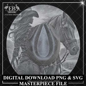 Design de chapéu de aba larga estilo cowgirl e cavalo, design de chapéu com laser queimando, download digital em PNG e SVG, modelo de chapéu queimando, chapéu de cowgirl, EBM01