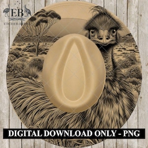 May include: A tan-colored hat with a detailed illustration of an emu and Australian landscape. The hat features a teardrop-shaped crown and a wide brim. The text "DIGITAL DOWNLOAD ONLY - PNG" is displayed at the bottom.