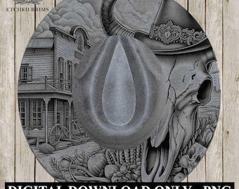 Cráneo de cuernos largos Western 2, plantilla PNG de ala occidental, diseño de quemado láser digital para sombreros de ala ancha de gamuza sintética, archivo de quemado láser para sombreros EB197