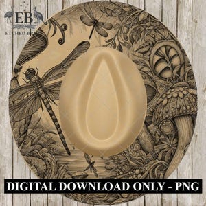 Puede incluir: Un sombrero fedora beige con una ilustración detallada de libélulas, setas y follaje. El ala del sombrero presenta un fondo beige con arte lineal negro. El texto "DIGITAL DOWNLOAD ONLY - PNG" está en la parte inferior.