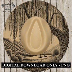 May include: A tan cowboy hat with a landscape design. The hat features a detailed illustration of a weeping willow tree, a swing, and rolling hills. The text "DIGITAL DOWNLOAD ONLY - PNG" is at the bottom.
