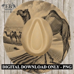 May include: A tan cowboy hat with a sepia-toned desert scene featuring camels. The hat has a beige crown and a wide brim with a detailed illustration of camels in a desert landscape. The text "DIGITAL DOWNLOAD ONLY - PNG" is at the bottom.