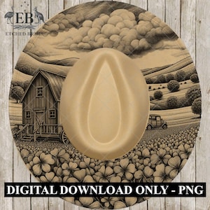 Può includere: Un cappello da cowboy beige con un design paesaggistico seppia dettagliato. Il design include una fattoria, dolci colline e un'auto d'epoca. Il testo "DIGITAL DOWNLOAD ONLY - PNG" è in basso.