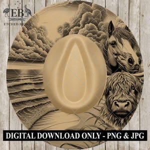 May include: A tan cowboy hat with a sepia-toned design. The hat features a beach scene, clouds, a horse, and a Highland cow. The text "DIGITAL DOWNLOAD ONLY - PNG & JPG" is at the bottom.