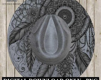 Night Whisper Dreamcatcher, boho feather laser engraved hat design digital download perfect for western, & festival,style hat projects. EB21