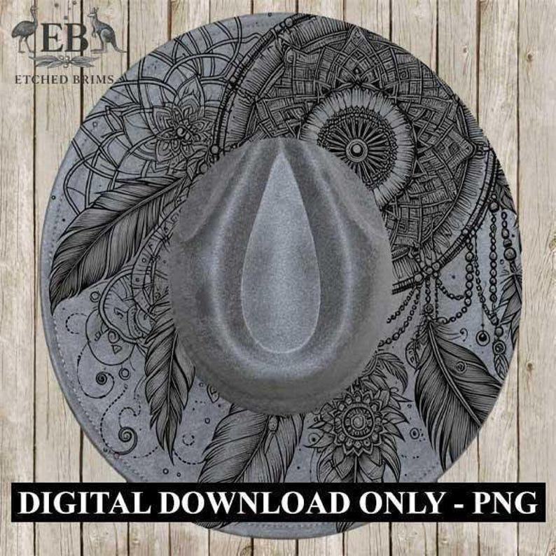 Night Whisper Dreamcatcher, boho feather laser engraved hat design digital download perfect for western, & festival,style hat projects. EB21 image 1