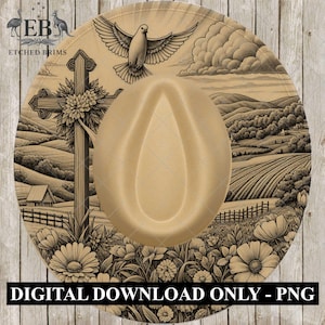 May include: Tan cowboy hat with a detailed sepia-toned graphic. The design features a cross, dove, and rural landscape. The text "DIGITAL DOWNLOAD ONLY - PNG" is at the bottom. The hat has a classic teardrop crown.