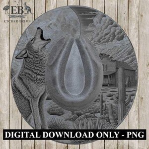 Op de afbeelding: Cirkelvormige grijze illustratie met een huilende coyote onder een halve maan, met een cowboyhoedontwerp in het midden. De achtergrond toont een woestijnscène met een gebouw en cactussen. De tekst "DIGITAL DOWNLOAD ONLY - PNG" staat onderaan.