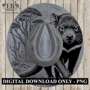 May include: A grey fedora hat with a detailed black illustration. The hat features a Tasmanian devil and a tree landscape design. The text "DIGITAL DOWNLOAD ONLY - PNG" is at the bottom. The hat has a round brim and a teardrop-shaped crown.