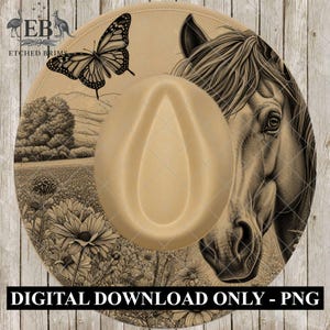 May include: Tan cowboy hat with a detailed illustration of a horse's head and a butterfly. The hat's brim features a sepia-toned landscape with flowers and a tree. The text "DIGITAL DOWNLOAD ONLY - PNG" is at the bottom.