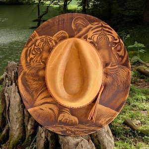 Whispers of the Wild – Laser Engraved Tiger Brim Hat,  Wide Brim Hat, Vegan Suede Fedora Hat, Laser Engraved, Cowboy Hat, Burned Fedora