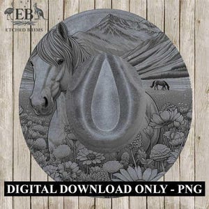 Cavalo e Flores Silvestres 10, Design de Montanha, Design de Chapéu com Queima de Laser, Download Digital PNG, Modelo de Chapéu com Queima de Laser, Arquivo de Chapéu de Aba Larga, EB367