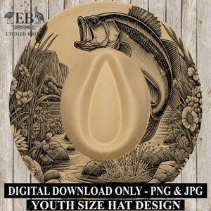 May include: Tan youth-sized hat with a detailed illustration of a largemouth bass leaping from water, surrounded by aquatic plants and rocks. The hat has a classic cowboy hat shape. The text "DIGITAL DOWNLOAD ONLY - PNG & JPG YOUTH SIZE HAT DESIGN" is at the bottom.