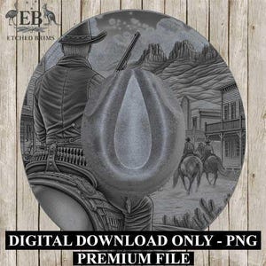 Chapéu de cowboy Gunslinger com 6 gravuras, modelo de aba ocidental, chapéu de camurça sintética com aba larga, design digital a laser, estilo boho, arquivo para gravação a laser de chapéus EB256