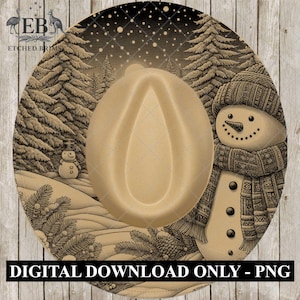 May include: A beige cowboy hat with a winter scene design. The hat features a snowman, snow-covered trees, and falling snow. The text "DIGITAL DOWNLOAD ONLY - PNG" is at the bottom.