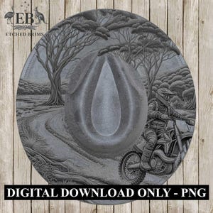 May include: A grey cowboy hat with an engraved design showing a dirt bike rider, trees, and a road. The hat has a teardrop crown. The text "DIGITAL DOWNLOAD ONLY - PNG" is at the bottom.