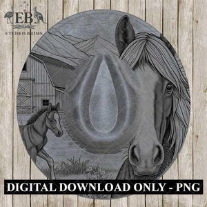 Design de chapéu queimado, Cavalo e Potro 1, Design de fazenda, Modelo de chapéu queimado, Chapéu de cowgirl, Estêncil de chapéu queimado, Design de chapéu de aba larga, EB440