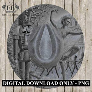 Puede incluir: Una descarga digital en escala de grises con un soldado Cascanueces y una bailarina, con el texto "DIGITAL DOWNLOAD ONLY - PNG". El diseño es circular e incluye una ilustración detallada de una escena de ballet.
