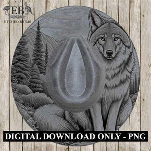 May include: A digitally designed, circular image featuring a gray cowboy hat with a detailed wolf illustration. The background depicts a forest and mountains. The text "DIGITAL DOWNLOAD ONLY - PNG" is at the bottom. The Etched Brims logo is at the top left.