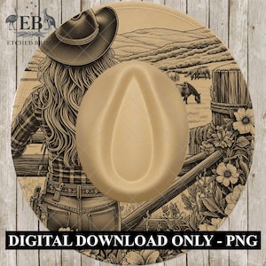 May include: A tan cowboy hat with a detailed sepia-toned illustration of a cowgirl, a fence, and grazing animals. The hat features a wide brim and a central crease. The text "DIGITAL DOWNLOAD ONLY - PNG" is at the bottom.