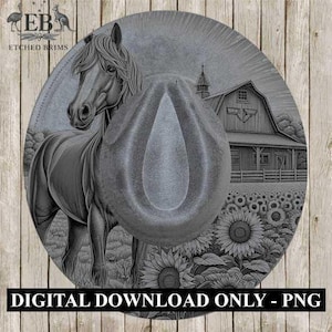 Op de afbeelding: Een grijswaardenafbeelding van een cowboyhoed over een cirkelvormig ontwerp met een paard, schuur en zonnebloemen. De tekst "DIGITAL DOWNLOAD ONLY - PNG" staat onderaan. De merknaam "ETCHED BRIMS" staat bovenaan.