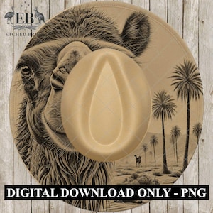 May include: A tan fedora hat with a camel illustration on the brim. The brim features a desert scene with palm trees and a camel. The text "DIGITAL DOWNLOAD ONLY - PNG" is at the bottom.