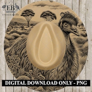 May include: A tan fedora hat with a detailed illustration of an emu and Australian landscape. The hat features a beige crown and brim, with the text "DIGITAL DOWNLOAD ONLY - PNG" at the bottom.