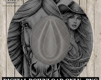 Lasergravureontwerp cowgirl-paard: sjabloon brede rand hoed (digitale download, png-bestand) EB226