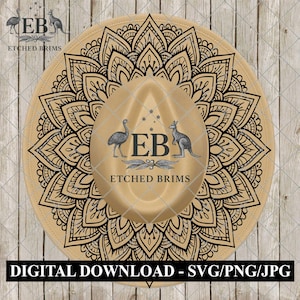 May include: Tan fedora hat with a black mandala design. The hat features the text "ETCHED BRIMS" and a logo with an emu and kangaroo. The bottom of the image reads "DIGITAL DOWNLOAD - SVG/PNG/JPG".