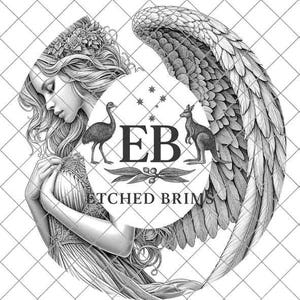 May include: Black and white illustration featuring a woman with long hair, a floral crown, and an angel wing. The image includes an emu, a kangaroo, and the text "EB ETCHED BRIMS" within a circular design.