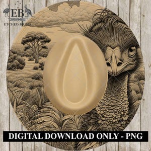 May include: A beige cowboy hat with a detailed illustration of an emu and an Australian landscape. The hat features the text "DIGITAL DOWNLOAD ONLY - PNG" in a black rectangle. The brim is decorated with a sepia-toned drawing of the Australian outback.
