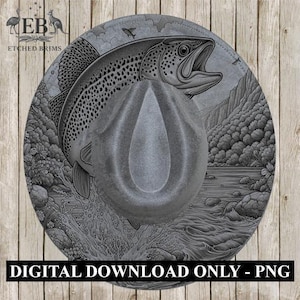 May include: A gray fedora hat with a detailed illustration of a fish and a river scene. The hat is centered on a circular design with the text "DIGITAL DOWNLOAD ONLY - PNG" at the bottom. The background is a wood-grain pattern.