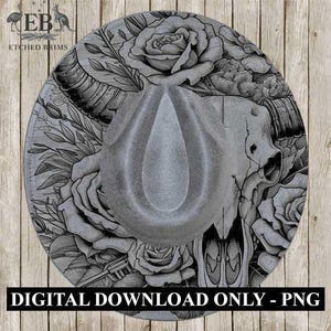 May include: A gray cowboy hat with intricate floral and skull designs. The hat features roses, leaves, and a skull, with the text "DIGITAL DOWNLOAD ONLY - PNG" at the bottom. The hat is set against a wooden background.