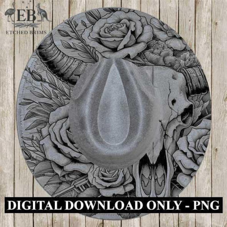 Teschio e rose Longhorn – Modello PNG con tesa occidentale – Design digitale con bruciatura laser per cappelli in finta pelle scamosciata a tesa larga – File di bruciatura laser per cappelli EB16 immagine 1