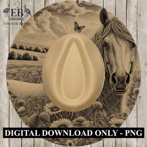 May include: A sepia-toned cowboy hat with a horse illustration, a butterfly, and a landscape design. The hat has a tan crown and a wide brim. The text "DIGITAL DOWNLOAD ONLY - PNG" is at the bottom.