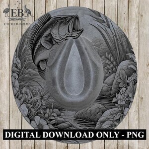 May include: A gray hat featuring a detailed illustration of a largemouth bass leaping from the water, surrounded by aquatic plants and rocks. The hat has a teardrop-shaped crown and a wide brim. The text "DIGITAL DOWNLOAD ONLY - PNG" is at the bottom.