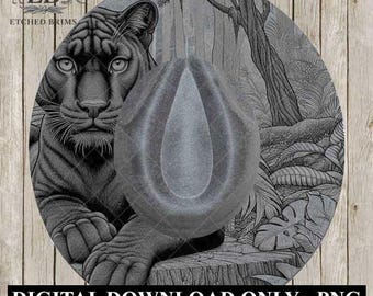 May include: A grayscale digital download featuring a detailed illustration of a panther in a jungle setting. The image includes a hat with a teardrop design. The text "DIGITAL DOWNLOAD ONLY - PNG" is displayed at the bottom.