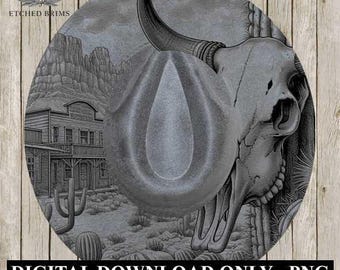 Cráneo de cuernos largos Western 6, plantilla PNG de ala occidental, diseño de quemado láser digital para sombreros de ala ancha de gamuza sintética, archivo de quemado láser para sombreros EB199