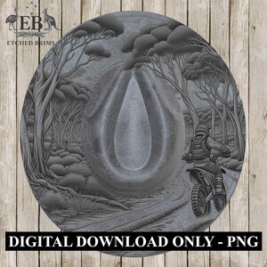 May include: A grey, circular design depicting a motocross rider on a dirt bike in a forest setting. The design is etched onto a hat shape, with the text "DIGITAL DOWNLOAD ONLY - PNG" at the bottom. The brand logo "ETCHED BRIMS" is at the top left.