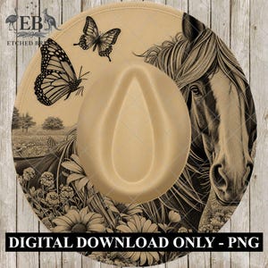 May include: A tan cowboy hat with a detailed illustration of a horse's head, butterflies, and a floral landscape. The hat has a classic teardrop crown and a wide brim. The text "DIGITAL DOWNLOAD ONLY - PNG" is at the bottom.