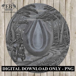 May include: A grey cowboy hat with an etched forest and motocross design. The hat depicts a rider on a motorcycle navigating a woodland trail. The text "DIGITAL DOWNLOAD ONLY - PNG" is at the bottom of the image.