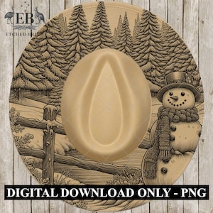 May include: A tan cowboy hat with a winter scene design. The hat features a snowman wearing a scarf and top hat, a snowy landscape, and the text "DIGITAL DOWNLOAD ONLY - PNG".