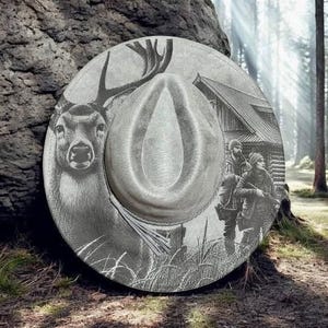 Hunters Retreat - Engraved Stag & Cabin Wide Brim Hat, Vegan Suede Fedora Hat, Laser Engraved, Cowboy Hat, Burned Fedora, Deer Hunter Design