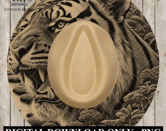 May include: A tan fedora hat with a detailed sepia-toned tiger illustration on the brim. The tiger's face is the focal point, with visible teeth and a fierce expression. The text "DIGITAL DOWNLOAD ONLY - PNG" is at the bottom.